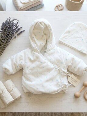 OUBON baby wrap jacket newborn layette floral white blue 3M cotton lux soft hat
